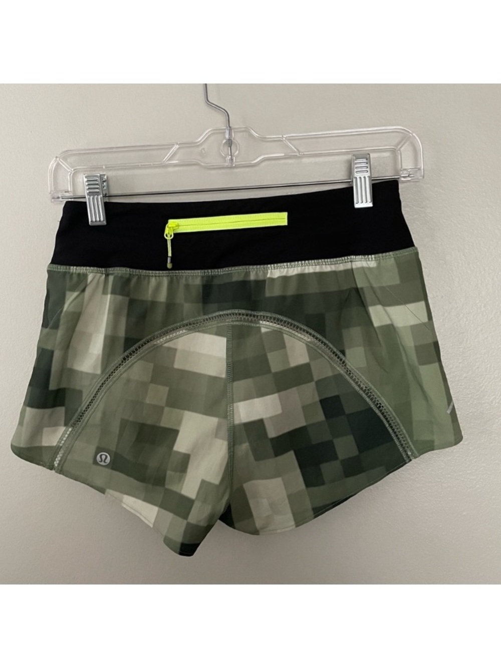 lululemon Olive Pixel Print Athletic Shorts with Neon Zip